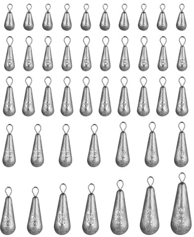MINZHI 44 pièces Plombs de pêche en mer, dix tailles, Kit de poids de pêche, Ensemble de plombs de pêche, Kit de pêche en forme de goutte, Plomb de pêche en forme de goutte