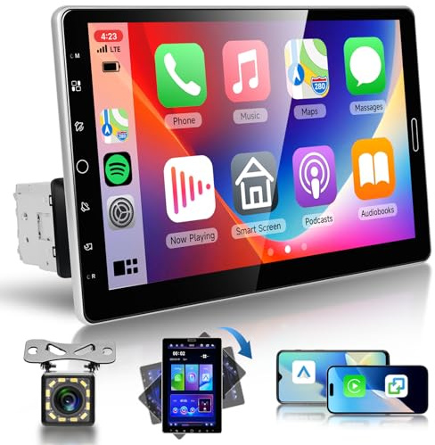Hodozzy Radio 1 DIN con 10,1 Pulgadas Pantalla Táctil Giratoria con CarPlay Android Auto Inalámbrico, Radio de Coche 1 DIN con Bluetooth, Radio Am/FM/RDS, AUX, EQ, 2 USB, Control en el Volante Cámara