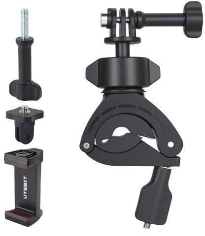 UTEBIT Actionkamerahållare för DJI Action 5 Pro/4/3/pocket, 360° roterande cykelstyre hållare för GoPro Hero 13/12/11, Insta360 X4/X3/GO3 med mobiltelefonhållare