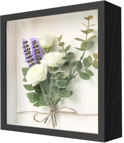 Marco 3D 22x22cm de Madera, Profundo 3cm, Shadow Box rellenable para Ramo de Novia, Recuerdos, Manualidades, Fotos, Objetos, Obras de Arte, decoración de Pared y Escritorio（Negro）