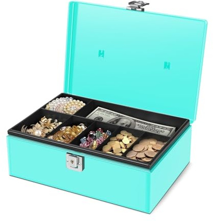Flexzion Cash Box with Money Tray and Lock - Metal Money Box for Cash Storage with Secure Latch Lock & Key - Blue Petty Cash Box with 7 Compartment Money Tray for Small Businesses, 11x7.7x3.5 Inches