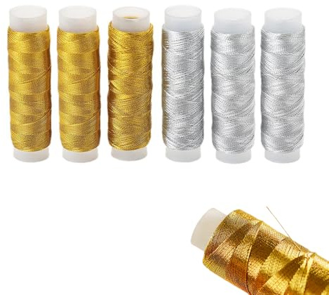 MSLSOZ Juego de 6 bobinas pequeñas de hilo metálico para bordar, 200 m, hilo de bordado dorado brillante y plateado para punto de cruz, hecho a mano y costura decorativa creativa (total 1200 m).