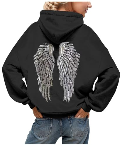 Générique Sweat à Capuche Femme Hiver Hoodie Oversized Motif Ailes Paillettes Casual Chic Femme Sweat-Shirt à Manches Longues Chaud Décontracté Streetwear Sport Vêtements