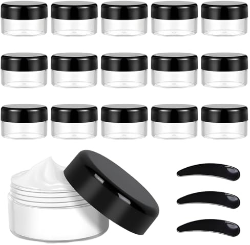 HUZNA 15 Piezas Botes Pequeños de Plastico 10 ml,Cosméticos Envase,con 3 Cuchara Pequeña,Cosmética Tarro Vacío Crema de Viaje,Envases para Cosmeticos,para Cosméticos,Crema,Gel,Pasta,Perlas