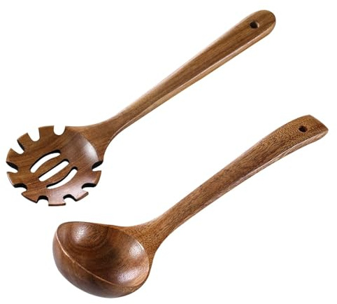 2 cucchiai da cucina in legno, con cucchiaio per spaghetti, mestolo in legno per cucinare, mescolare, servire spaghetti, zuppa, salsa
