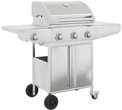 Barbecue a gas con 4 fuochi in acciaio inox argentato, superficie grill, 53 x 40 cm, accensione piezoelettrica, ripiani laterali, barbecue mobile per esterni, campeggio e balcone