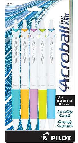 Pilot Acroball PureWhite Advanced Ink Refillable & Retractable Ball Point Pens with Assorted Accents, Fine Point, Ballpoint Pens, Black Ink, 0.7mm, 5-Pack