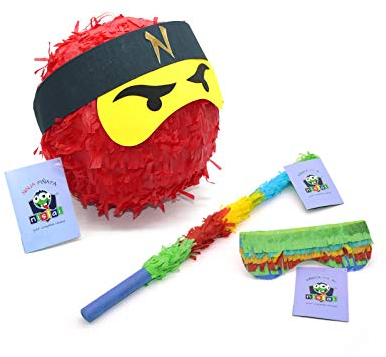 Nislai® Ninja Pinata Set | Ideal für Ninja Party | Pinata Geschenk | Geburtstag | inkl. Stock & Augenmaske | Farbe wählbar: grün, schwarz, blau, rot