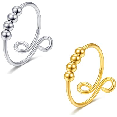 HSAJS Spiralring Kugeldesign Drehbare Perlen Entspannungsring Verstellbarer Wickelring Damenring Schmuckset