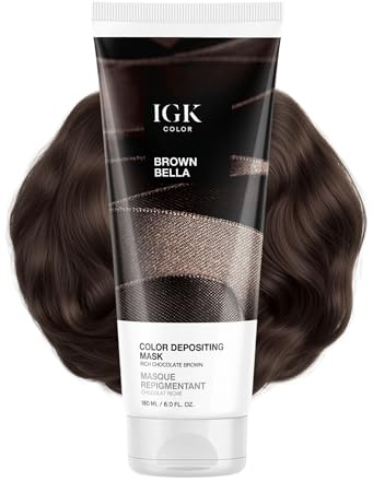 IGK Brown Bella Color Depositing Hair Mask | Chocolate Brown Semi Permanent Hair Color Conditioner + Gloss Toner | Hydrating Formula Adds Shine + Refreshes Color | Vegan + Cruelty Free | 6 oz