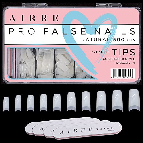 AIRRE 500 Capsule Ongles Acrylique Pro + 3 Limes avec Boîte - Faux Ongles Carrés French (10 tailles) pour Salons et DIY, Coupez, Limez, Formez, Gel UV/LED, Vernis et Nail Art (Naturel)