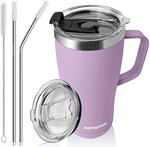 patmoseal Insulated Travel Mug with Handle Straw & 2 Spill-Proof Lids, Thermal Cup Coffee Tumbler Tea Flask for Hot Cold Drinks 600ml/20oz (Lilac Purple)
