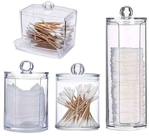 4 unidades de dispensador de almohadillas de algodón transparente, apilable, soporte para bastoncillos de algodón, caja de contenedores, bidón de baño, caja de almacenamiento de acrílico con tapa para