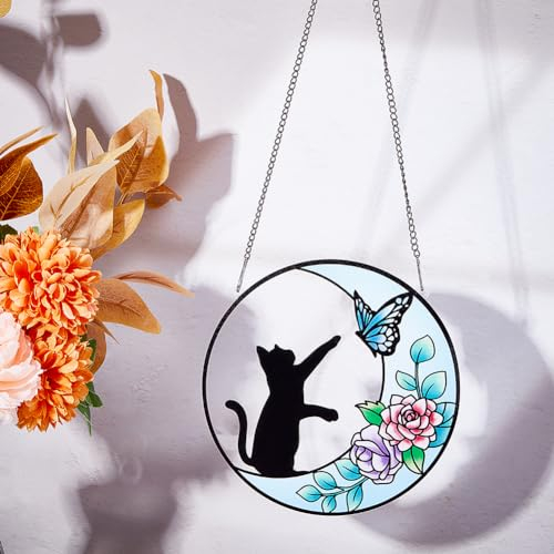 PLIGREAT Lune Chat Peint + Panneaux Attrape-Soleil Acrylique Fenêtre Tenture Ornement pour Chambre Salon Balcon Décoration Jardin Pendentifs Décor