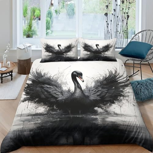 SchKriegzer Schwan 3D-Print Hochwertige Duvet-Cover-Sets Aus Weicher Mikrofaser Tusche-Gemälde 3-teilig Mit Verstecktem Reißverschluss Und Passenden Kissenbezügen Für Erholsamen Schla King（220x240cm）