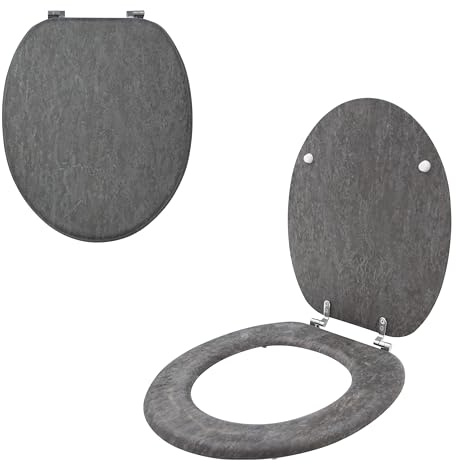 Anika Grey Slate Effect Toilet Seat, 43 x 37.5cm, Chrome Plated Hinges | Easy Installation, Moisture Resistant PVC Veneer, Easy Clean Bathroom Toilet Seat, Fits Most Standard Toilets, Modern Design