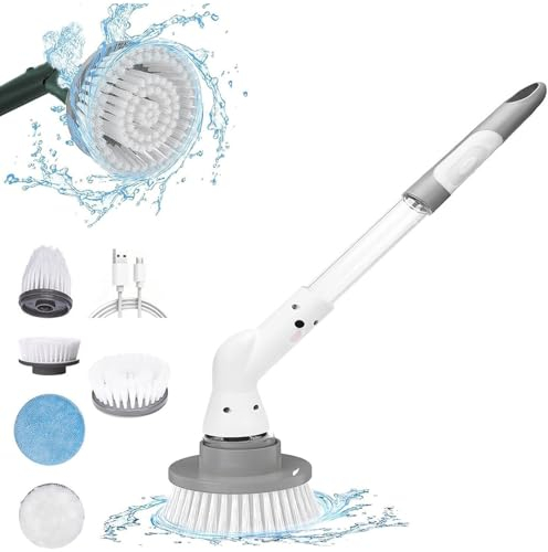 Electric Cleaning Brush - Long Handled Bathroom Cleaner, Cordless Power Scrubber with 4 Attachments, 380rpm Bathroom Cleaning Brush for Showers, Sinks and Surfaces - Electric Spin Scrubber White