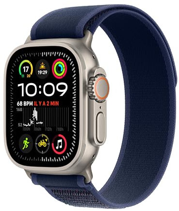 Apple Watch Ultra 2 (49 mm GPS + Cellular) Montre de Sport connectée avec Boîtier en Titane Naturel et Boucle Trail Bleu (S/M). Suivi de l’activité, GPS Haute précision, Neutre en Carbone