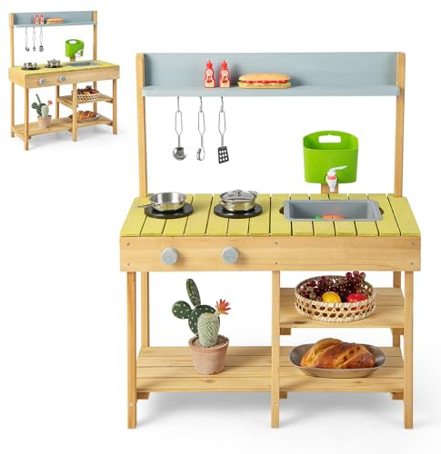 HOMASIS Cucina per Bambini in Legno, Cucinetta con Serbatoio dell'Acqua, Cucina Giocattolo con Effetti Sonori, Cucina da Giardino per Bambini dai 3+ Anni (Modello 1)