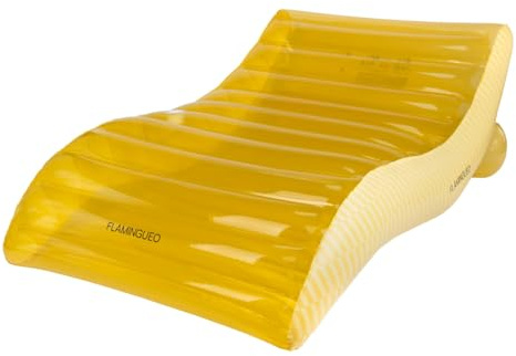 Flamingueo Colchoneta Piscina - Tumbona Hinchable - con Posavasos - PVC Resistente - Diseño Rayas - Válvula Doble - Amarillo