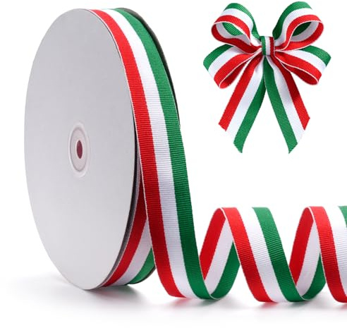 FAKILO Ruban gros-grain rayé vert, blanc et rouge, 2,5 cm x 45,2 m, ruban à rayures double face, ruban patriotique, pour décorations de pom-pom girl, fête nationale, décorations de Noël, décoration de