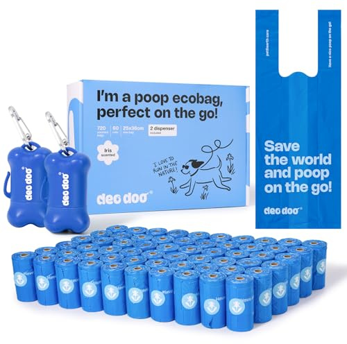 Deo Doo Dog Poop Bags with Handles 60 Rolls 720 Counts Big Sizes Leak Proof and Extra Thick Waste Bags Refill Rolls for Walking Small Medium Large Dogs Cats Litter With 2 Holders Iris Scented