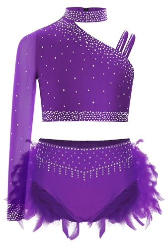 LiiYii - Traje de baile lírico de jazz para niñas, conjunto de 2 piezas, top corto brillante y falda de plumas con lentejuelas para gimnasia