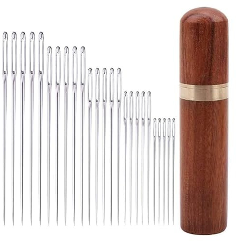 20Pcs Large Eye Hand Sewing Needles,6 Size Embroidery Needles with 1 Wooden Needle Cases,Sharp Large-Eye Stainless-Steel Set,for Sewing, Embroidery, Needlework (Silver)