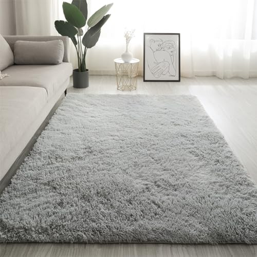 Swsen Tapis Salon Shaggy Longs Super Doux - Shaggy Tapis Moelleux Dessous Antidérapant - Tapis Chambre Lavable Moderne à Poils Longs 50x78 cm, Gris Argent