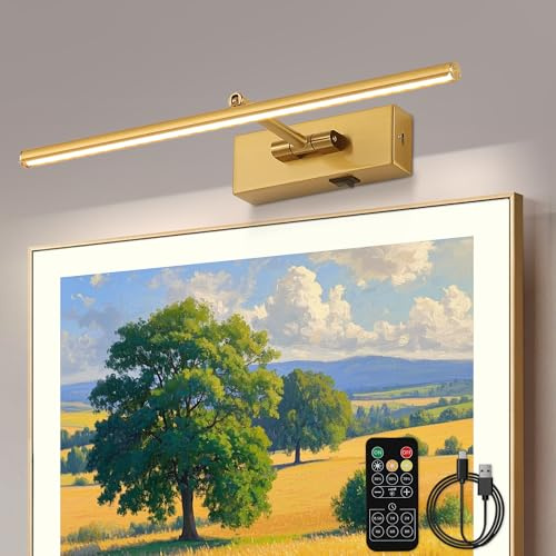 Battery Operated Picture Light with Wireless Remote 3CCT Dimmable Gold cordless Wall Art Lights for Paintings 3 Color Rechargeable decor Gallery Light 16’‘ Artwork Lighting for Canvas Timer Function