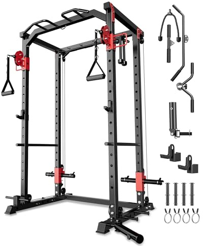 Power Cage with Cable Crossover System, 2000LBS Squat Rack for Home Gym, Multifunctional Power Rack with LAT Pulldown & Pulley System, Workout Cage for Strength Training