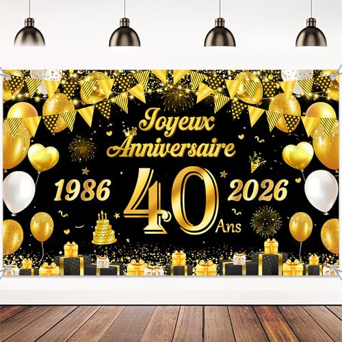 Bannière Joyeux Anniversaire Decoration 40 Ans - Or Noir Décorations Toile de Fond 180 x 110 cm, Banderole de Fête D'anniversaire Photographie 40 Hommes Femmes