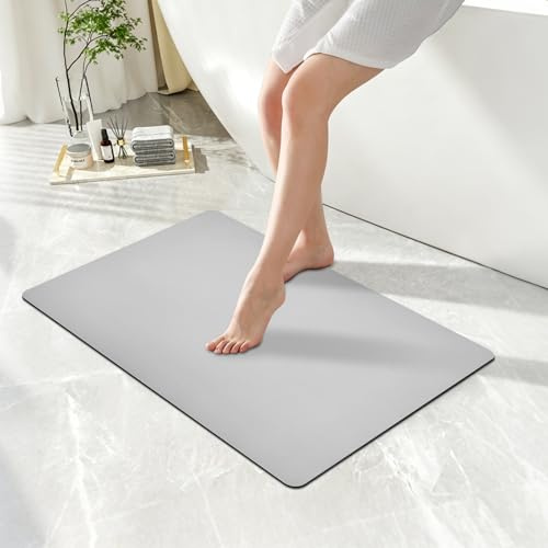 KitchenRaku Alfombra Diatomita Baño 60x40cm Antideslizante De Secado Rápido Y Absorbente con PU Y Goma Fina Y Lavable para Ducha Y Inodoro (Gris Claro, Rectangular)