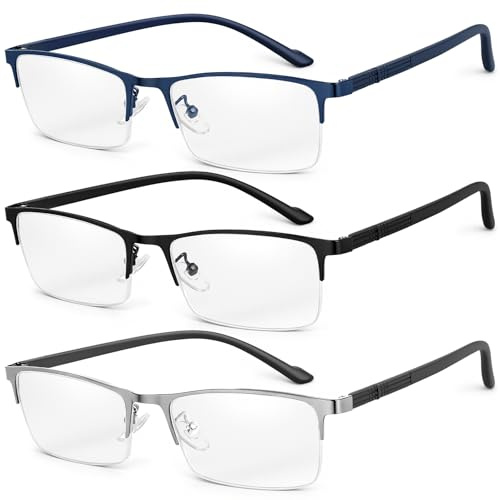 BUTBU 3 Pares Gafas de Lectura, Gafas de Lectura de Bloqueo de Luz Azul, Gaf-as de Lectu-ra Deportiva, Elegante Marco Rectangular Ancho, Negro Gris Azul, para Hombre Mujer, Bisagras de Muelle +2.00