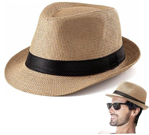 Wedhapy stråhatt panamahatt för män, UV-skydd fedora för män med lockat brätte, andningsbart vävsugrör, vintage solhattar för sommaren