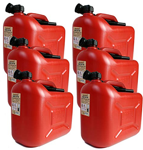 BAUPROFI 6er Set: 6x Benzinkanister 20 Liter rot (Reservekanister) - Hochwertiges HDPE Material - UN-Zulassung ADR/GGVSEB - Tauglich für Benzin E10