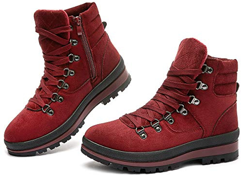 FRACORA Womens Combat Boots Lace Up Ankle Boots Winter Snow Boot Side Zipper Fashion Booties(Wine Red,US7)