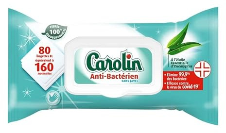 CAROLIN - Lingettes Maxi Anti-Bacterien Sans Javel À L'Huile Esssentielle D'Eucalyptus X80 - le Lot De 4