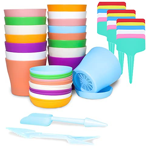 36Pcs Colorful Plastic Plant Pots Set, 16 Small Indoor Flower Pots with 18 Plant Labels and 2 Mini Transplanting Tools, Thick Round Seedling Nursery Pots for Office House Desk Garden Plants