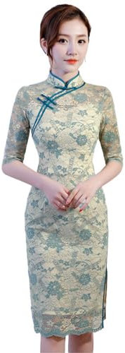 Cheongsam Robe Qipao pour femme - Manches mi-longues - Fente sur le côté - Style chinois traditionnel - Coupe ajustée - Robe crayon décontractée, bleu, 36