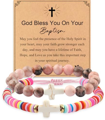 GVUSMIL Cross Bracelet Baptism Gifts Easter Basket Stuffers First Communion Adjustable Clay and Stone Christ Holy Water Bracelet Faith Jewelry for Daughter Granddaughter Niece (Baptism)