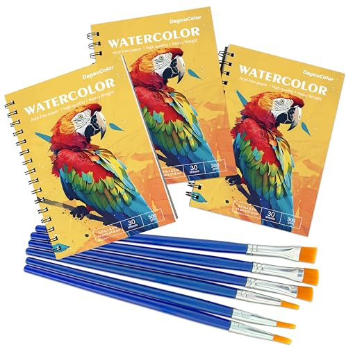 DagouColor Watercolour Paper Pad, 3-Pack 5.5x8.5, 30 Sheets | Spiral Drawing Book, 300gsm Cold Pressed Acid-free Papers, 6 Brushes for Artists Adults Preparation Practice Experimentation