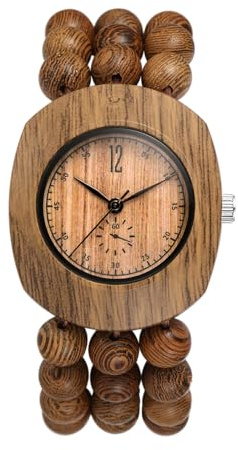 Oidea Wood Beaded Band Watches: Handmade Natural Wooden Stretch Strap Tonneau Wrist Watches Casual Bracelet Watch Bangle Wristband for Womens and Mens