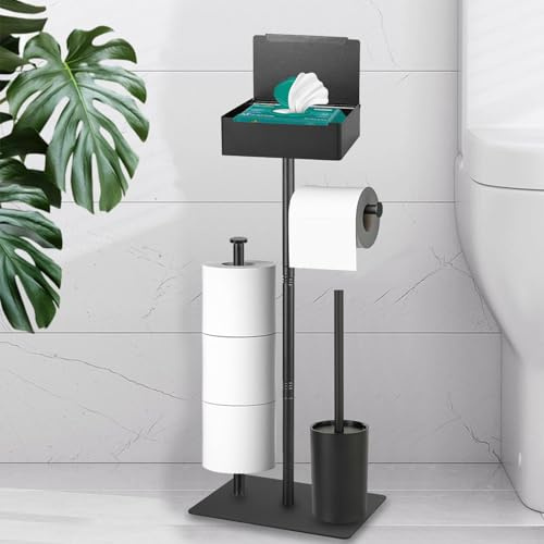 Noir Porte-Papier Toilette Debout en Acier Inoxydable avec Brosse WC | HISAMGO Set Porte-Papier et Brosse de Toilette en avec Boîte à lingettes Humides、Étagère、Porte-papier toilette de rechange