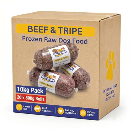 Truepaws Raw Foods Frozen Raw Dog Food Beef & Tripe 10kg – 20 x 500g Chub Rolls – Natural BARF Raw Dog Food Mince – Frozen Minced Beef and Green Tripe for Dogs – Made in the UK