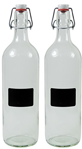 mikken Lot de 2 bouteilles en verre vides de 1000 ml avec bouchon mécanique en porcelaine à remplir soi-même, avec 2 étiquettes d'étiquetage