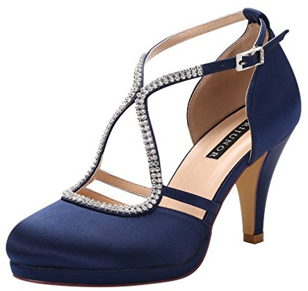 ERIJUNOR E0260D Women Comfort Low Heel Closed-Toe Ankle Strap Platform Satin Bridal Wedding Shoes Navy Size 7