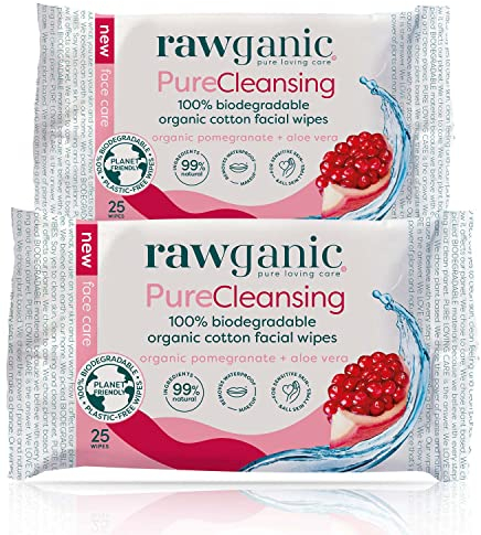 RAWGANIC® BIO Abschminktücher für das Gesicht, vegan, mit Aloe Vera & Granatapfel, parfümfrei, biologisch abbaubar, 100% Bio Baumwolle, für reife empfindliche Haut (Packung mit 25 Tüchern)