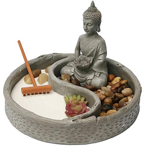 Nature's Mark Mini Zen Garden Kit for Desk with Lotus, Buddha Figures, Rake and Natural Sand River Rocks Table/Desk Décor Gift Set for Home and Office 6 x 6 Inches Round Base