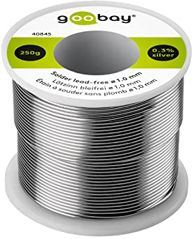 Goobay 40845 -Estaño para soldar sin plomo; ø 1,0 mm, 250 g de soldadura de marca respetuosa con el medio ambiente con un contenido de plata (Ag) de 0,3%